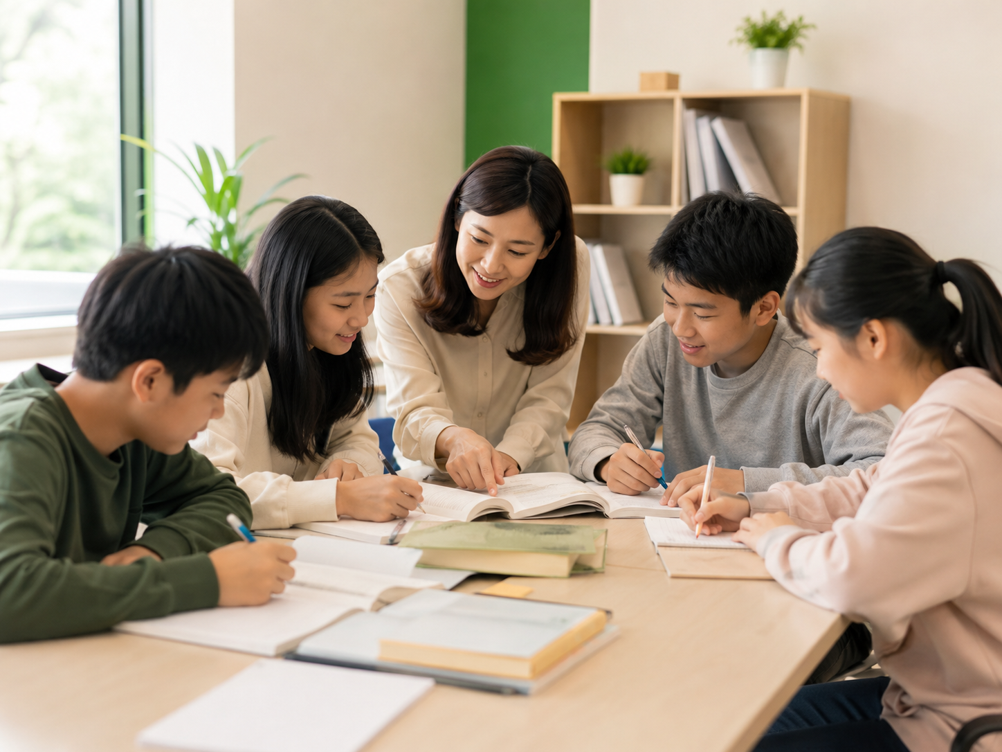 Young student working attentively at a desk in a warm classroom setting