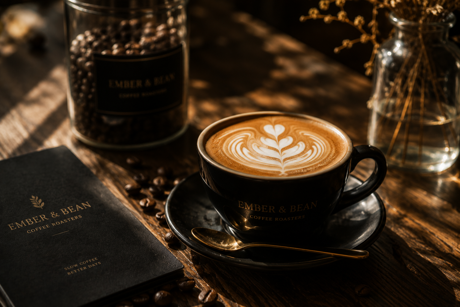 Cinematic latte art close-up for Ember & Bean cafe website