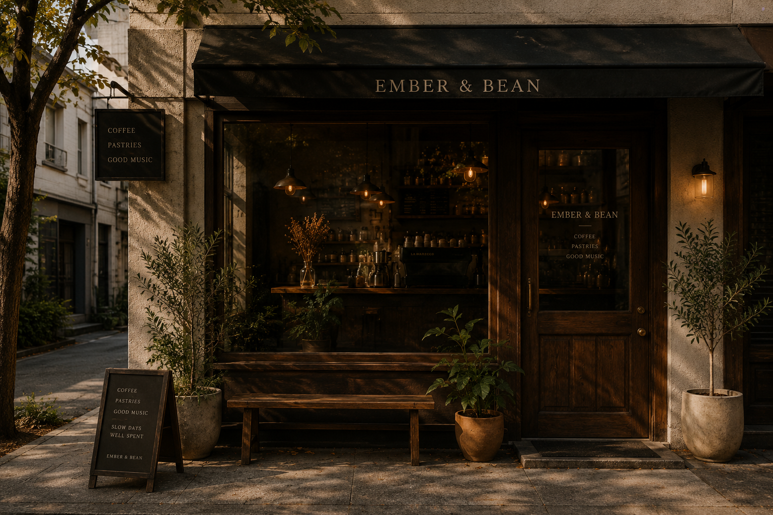 Luxury cafe exterior at night with warm lights