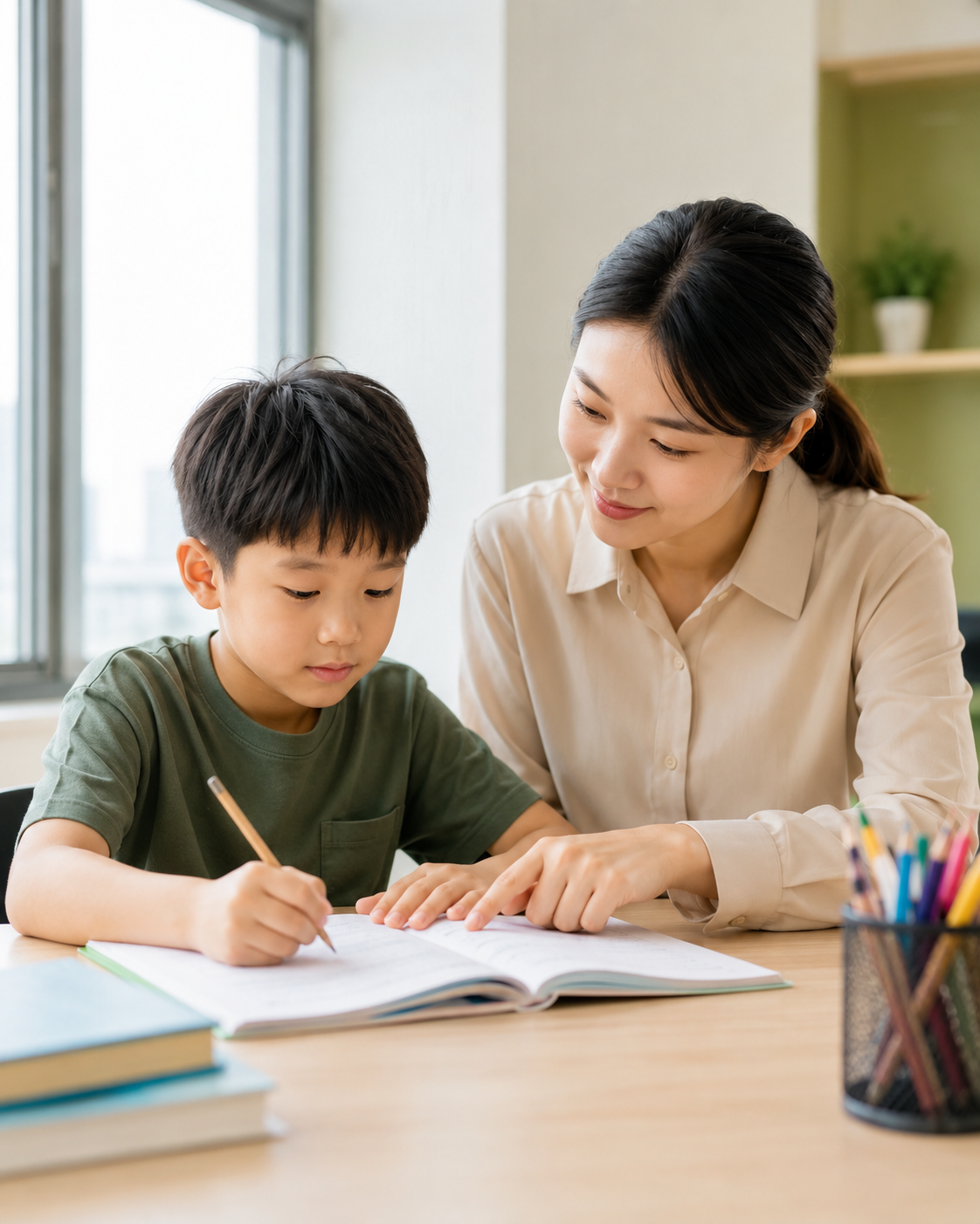 Caring tutor helping a young student practise writing at a warm learning centre desk