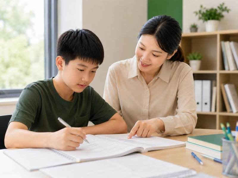 Primary school student practising in a workbook with gentle tutor guidance