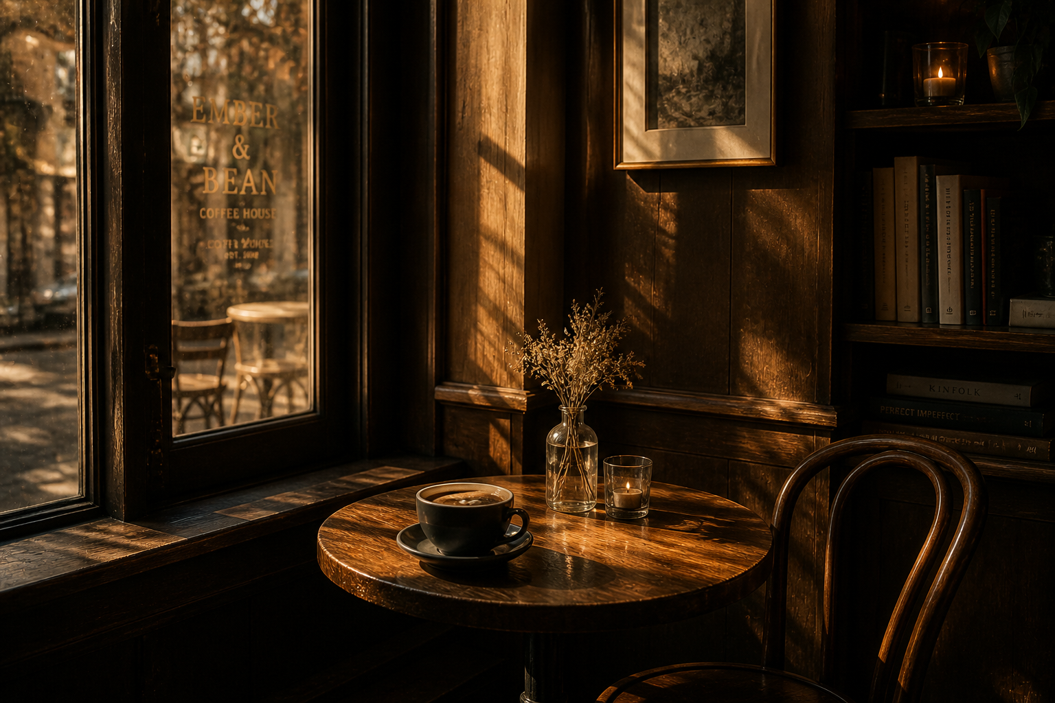 Cozy cafe corner with warm lighting