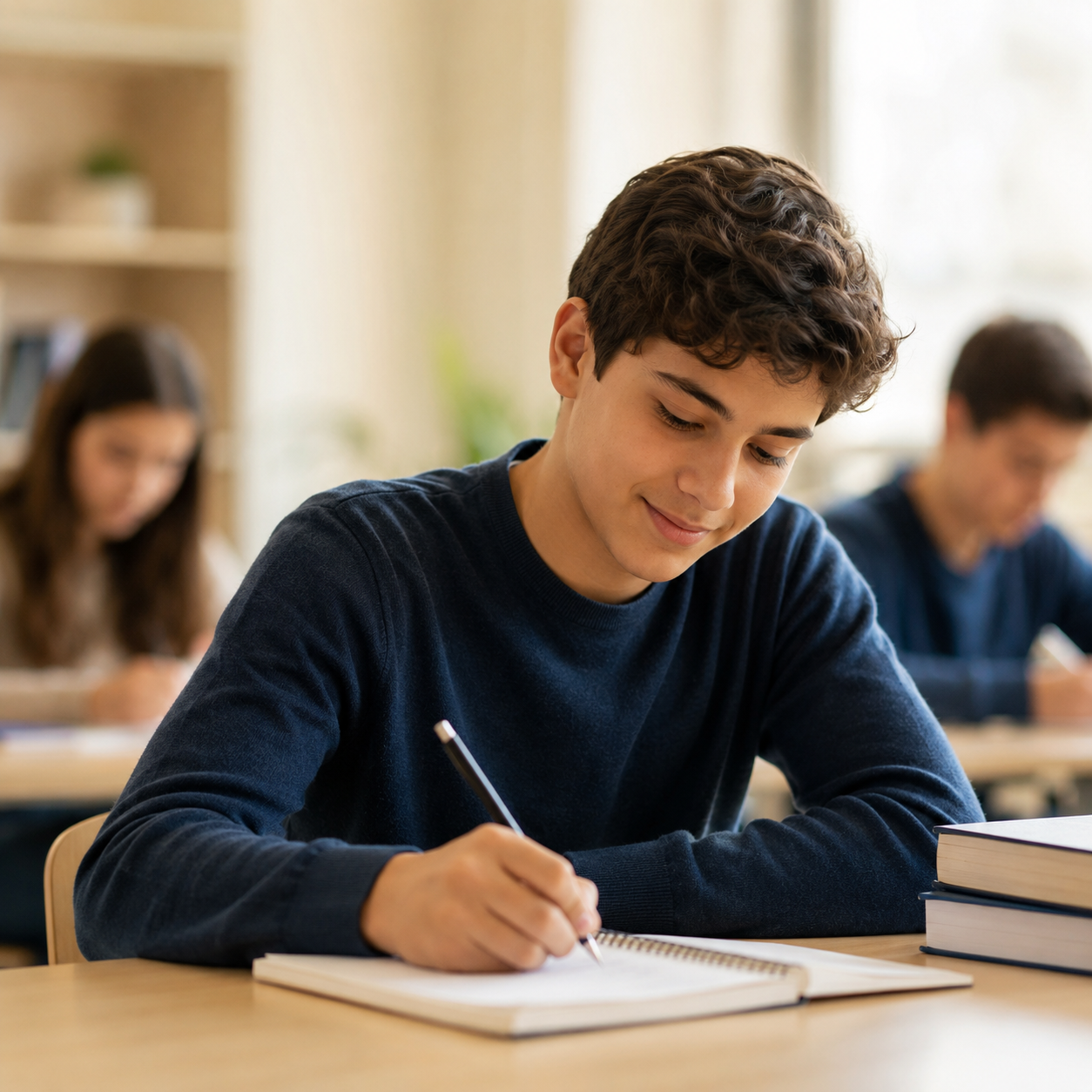Student studying language skills with headphones in a welcoming learning environment