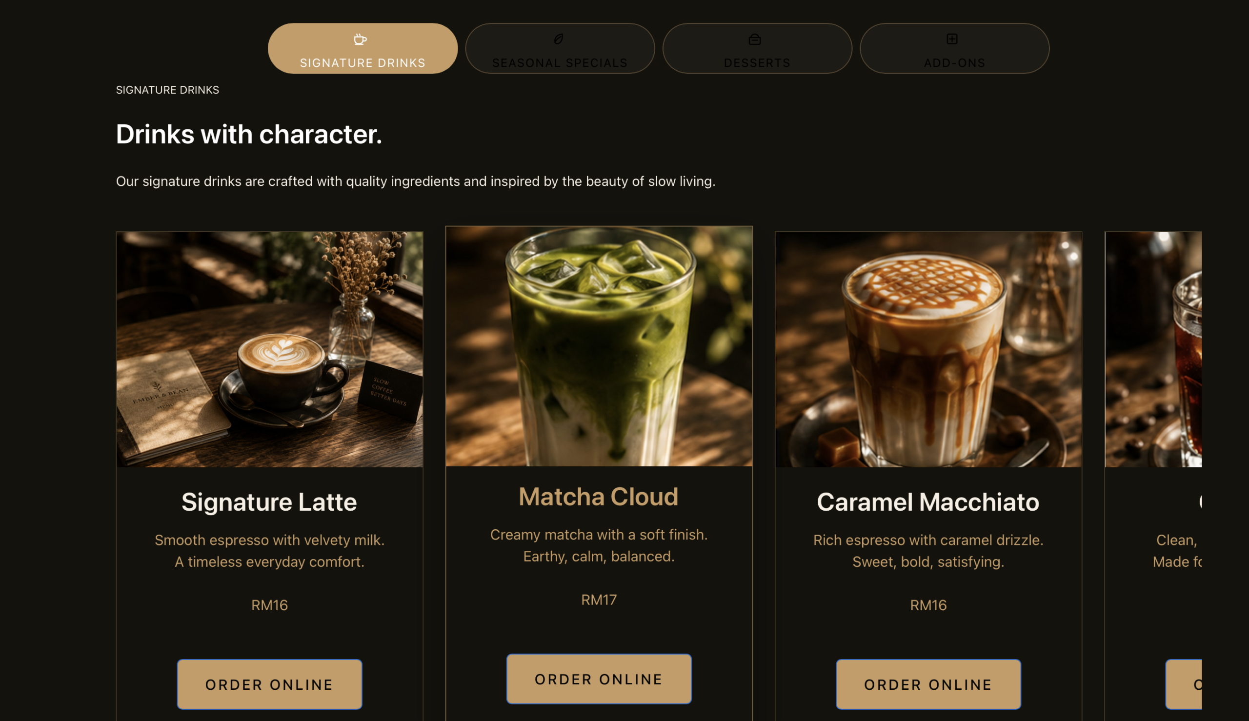 Ember & Bean menu page website screenshot