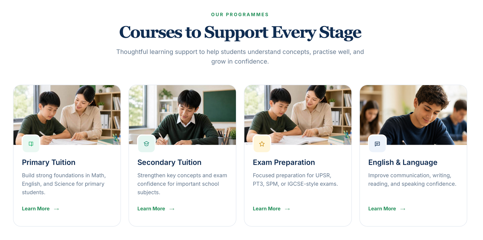 Tuition programme section showing primary secondary and SPM tuition