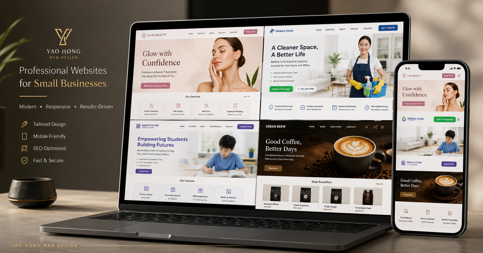YAO HONG WEB DESIGN portfolio showing responsive beauty, cleaning, tuition and ecommerce websites on a laptop and mobile phone