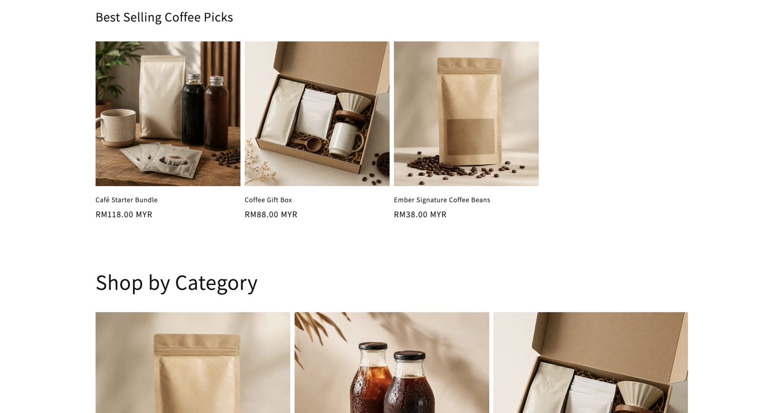 Shopify ecommerce website homepage for Malaysian coffee brand Ember and Bean