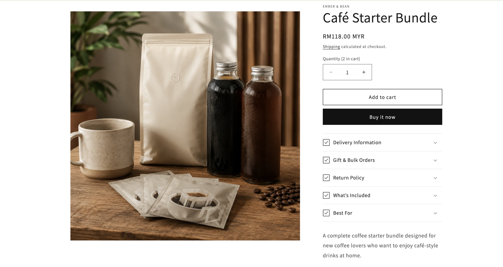 Shopify product page with coffee product details delivery information and trust sections