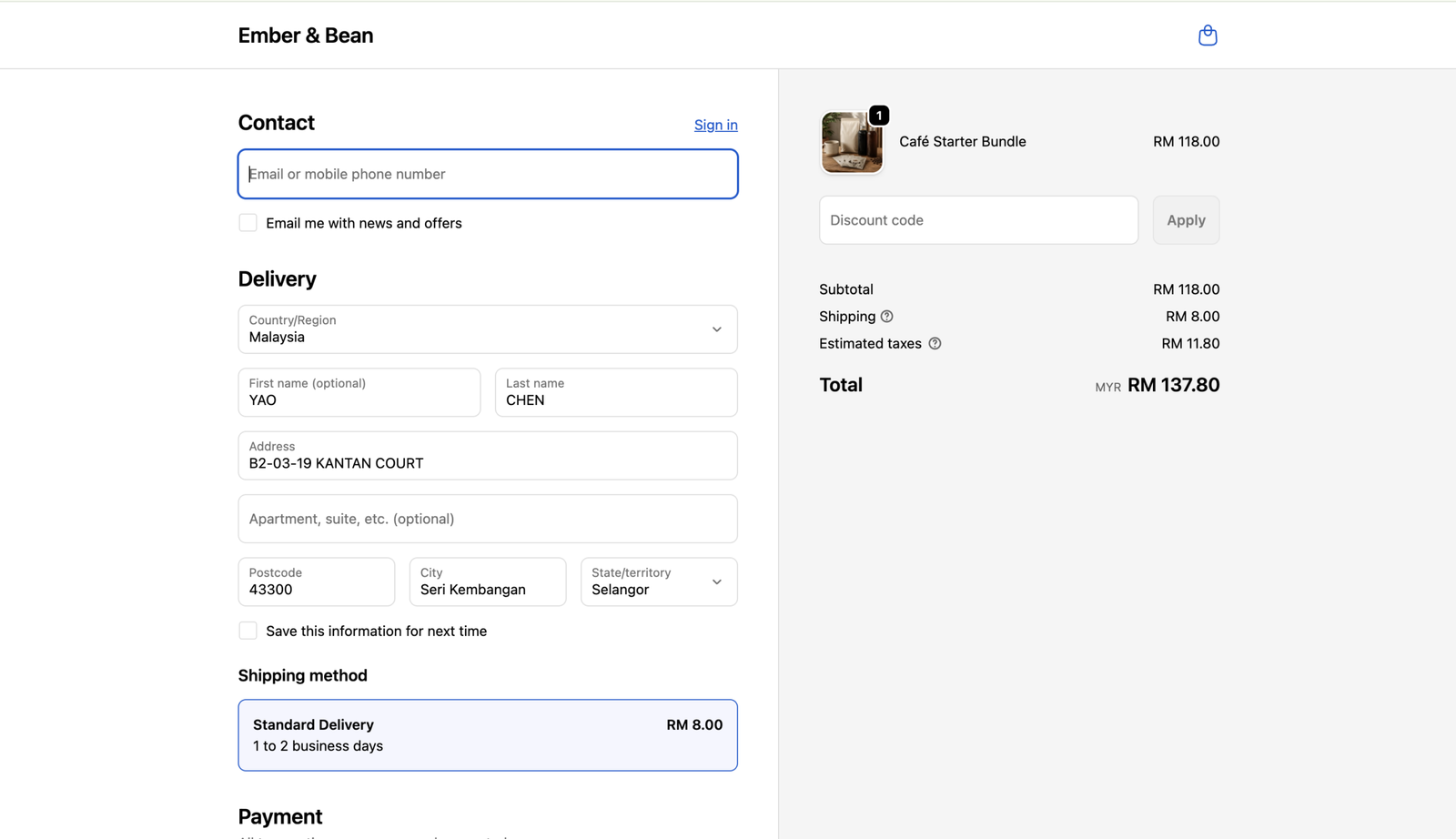 Mobile Shopify checkout flow for Malaysian coffee store demo