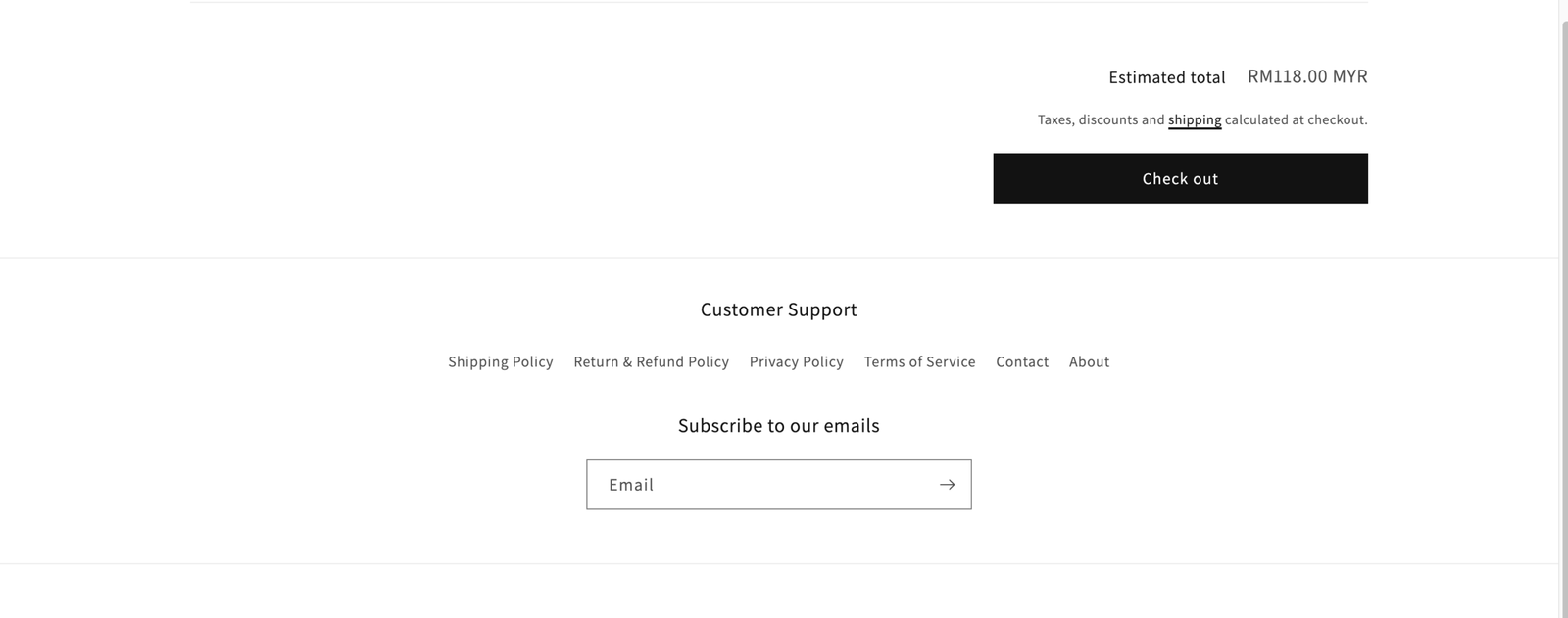 Shopify footer policy links for shipping returns privacy terms contact and about pages
