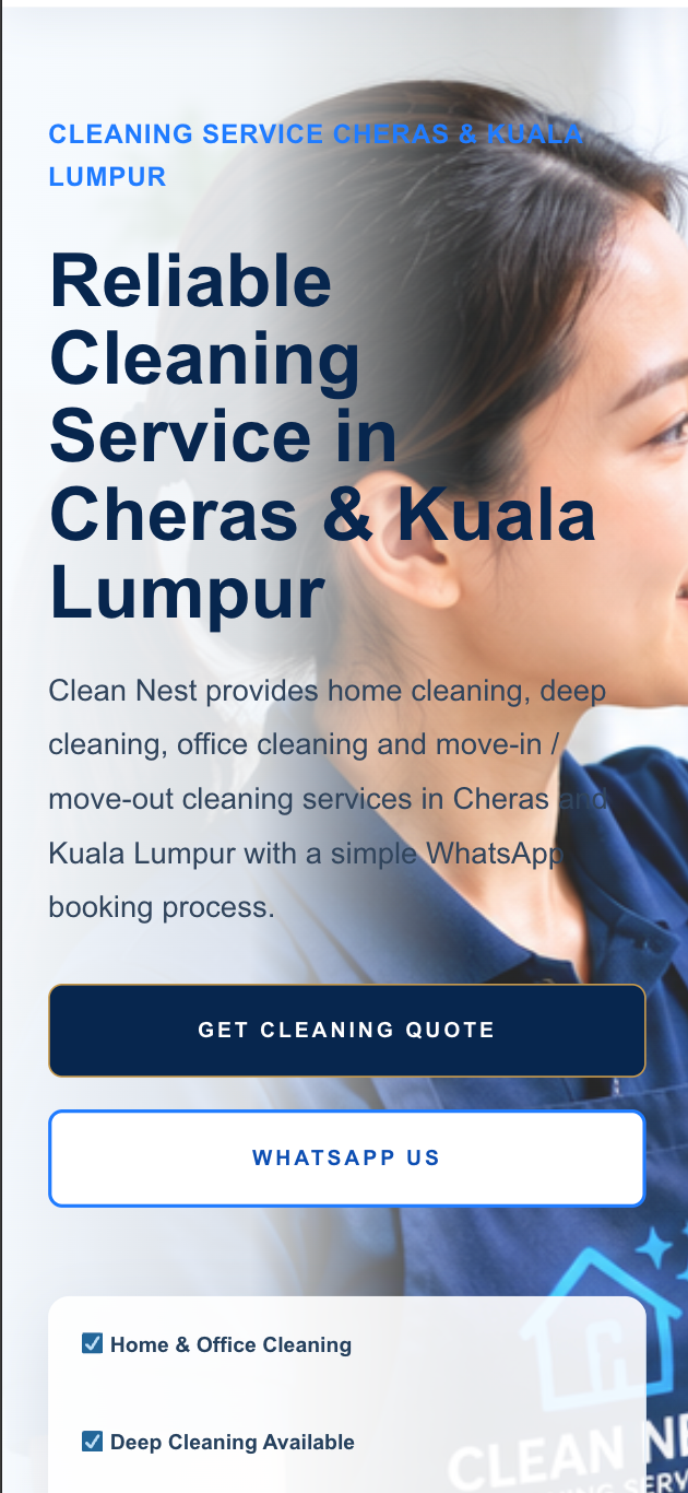 Reka bentuk landing page servis pembersihan pada paparan telefon